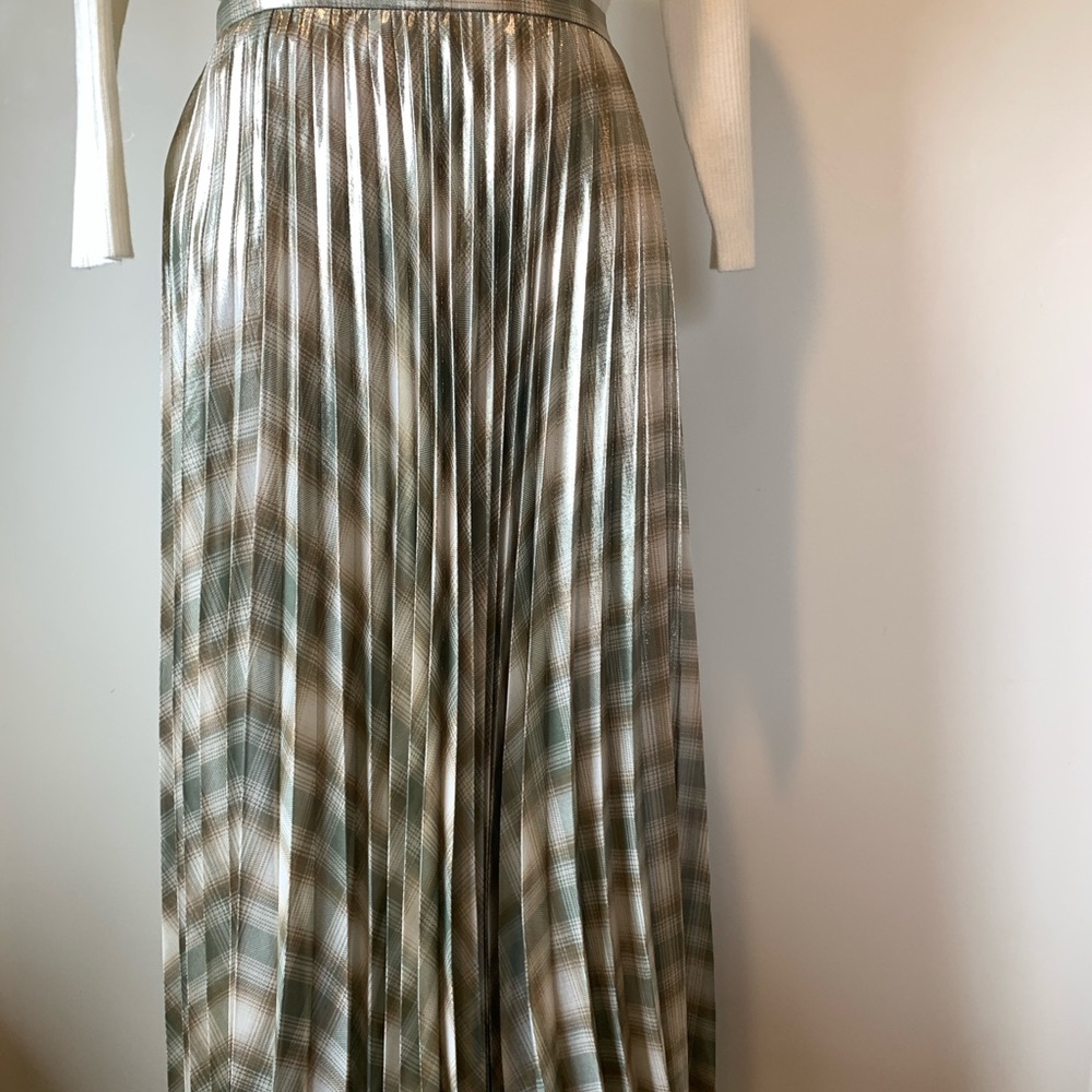 Ralph Lauren Green and Cream Pleated Midi Skirt